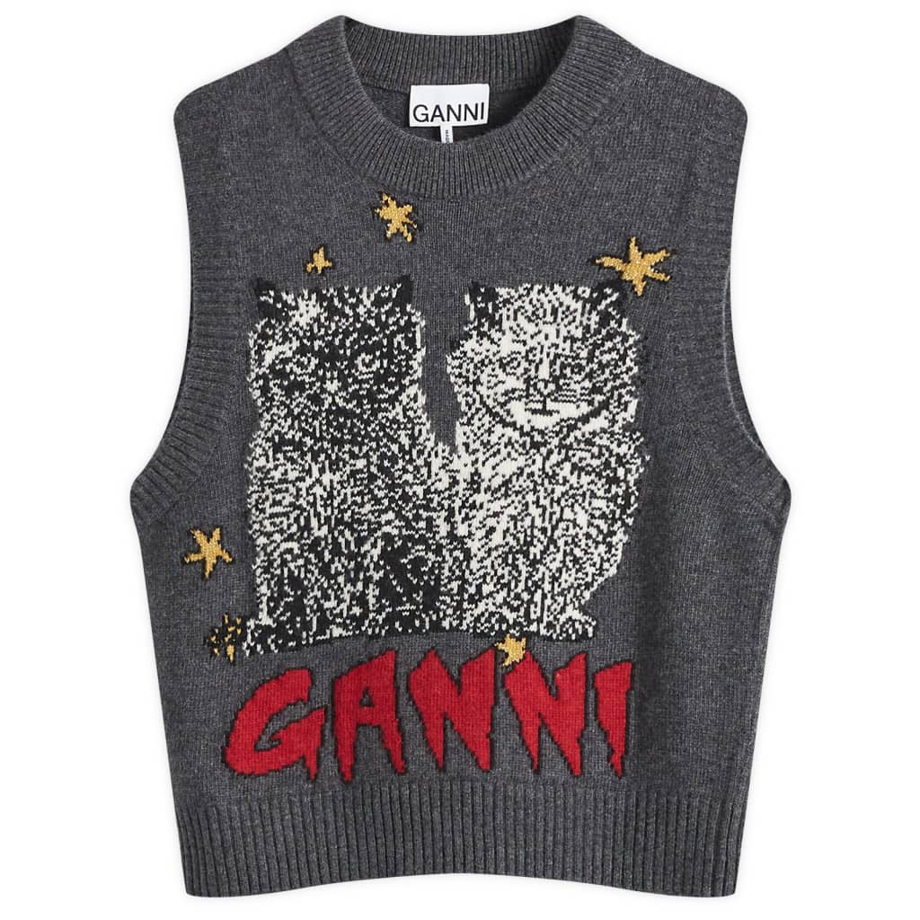 

Графичный жилет из смесовой шерсти с кошками Ganni, серый