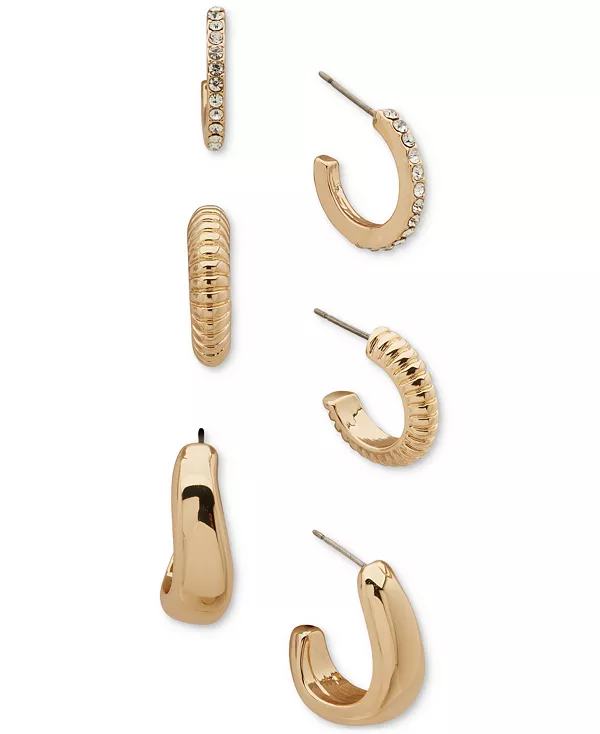 

Золотистые серьги-кольца из трёх кристаллов, текстурированные и объёмные Anne Klein, crystal