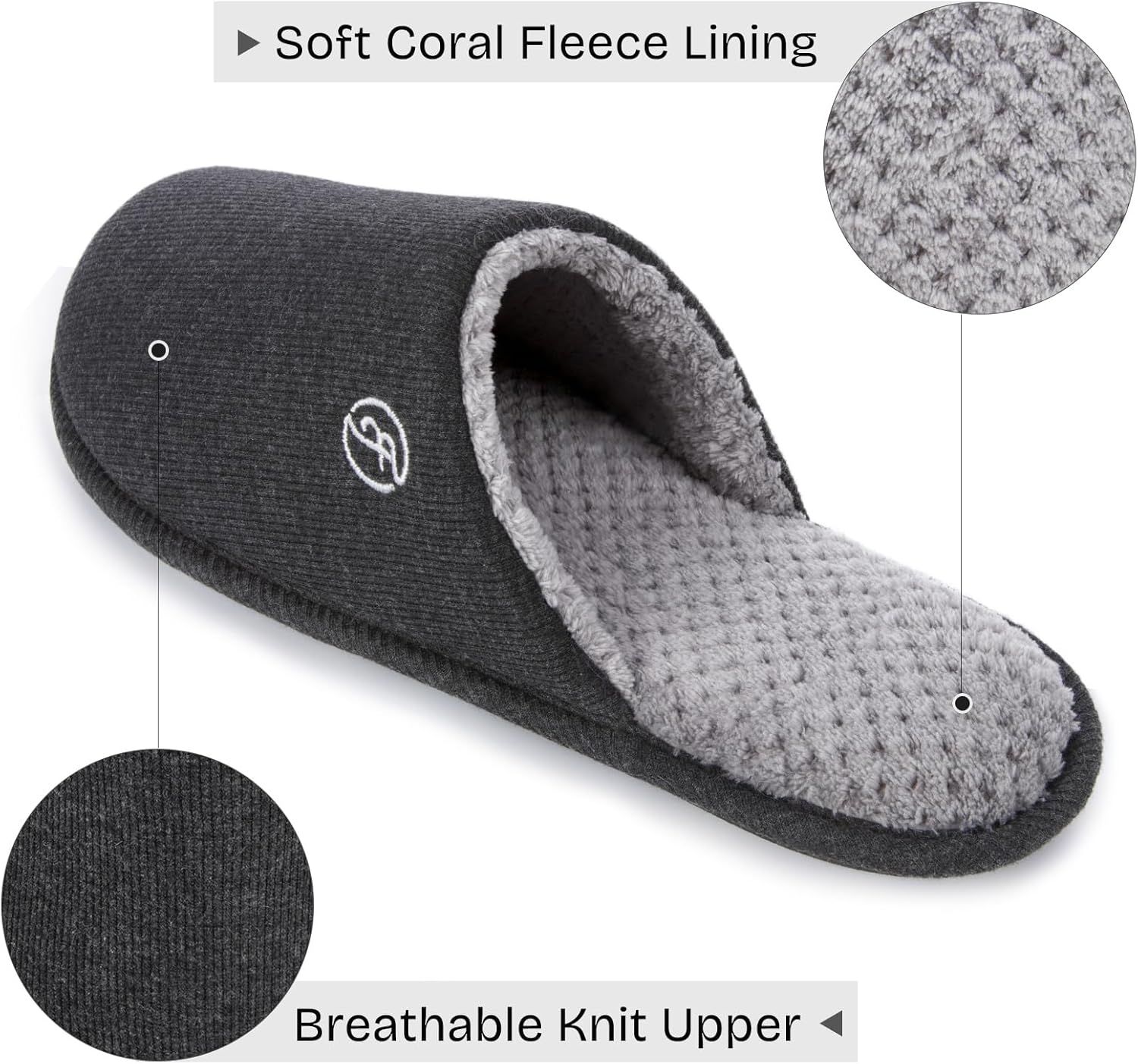 Мужские хлопковые вязаные тапочки EverFoams с легкой подошвой из пены с эффектом памяти для дома с антискользящей подошвой, серый — фото 3