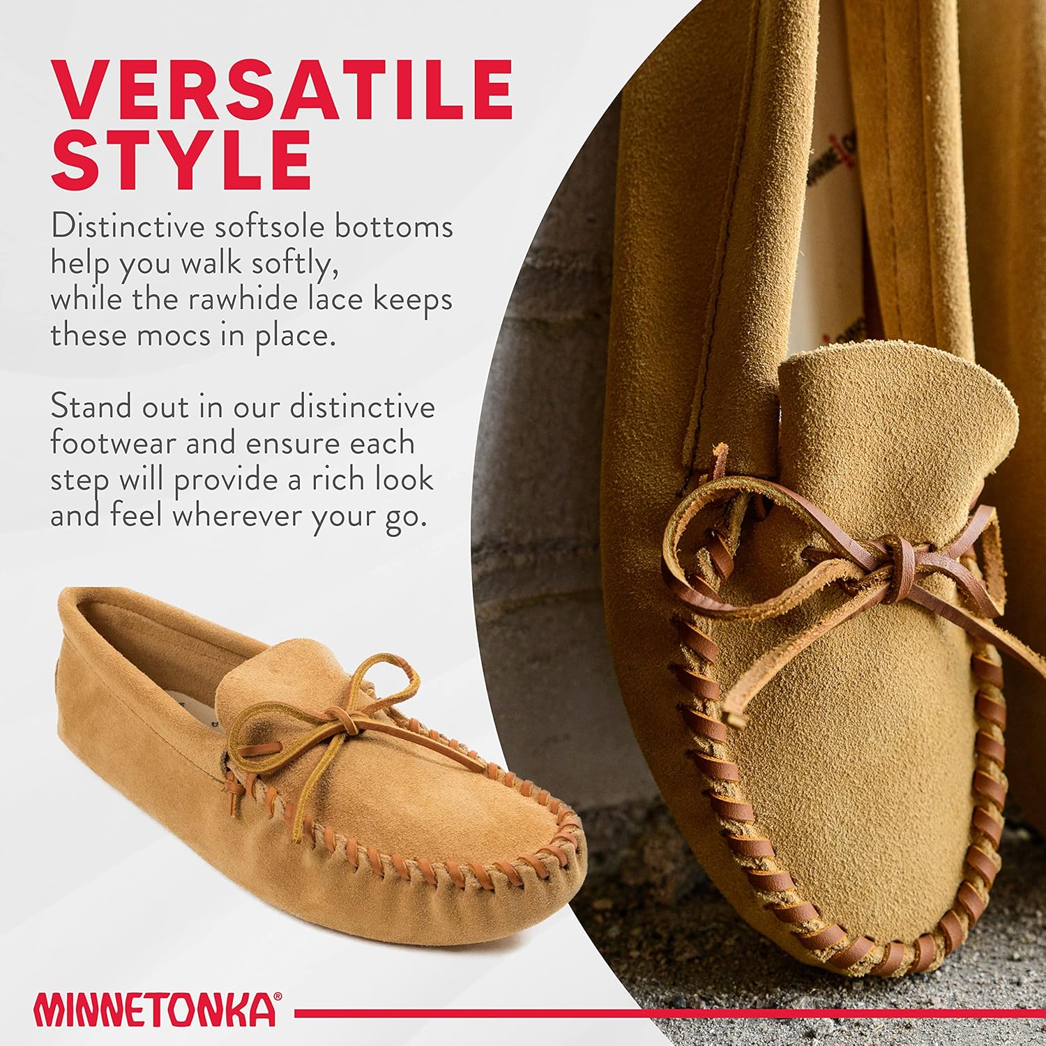 Мокасины Minnetonka для мужчин из мягкой кожи с кожаной подошвой и шнуровкой, Tan — фото 4