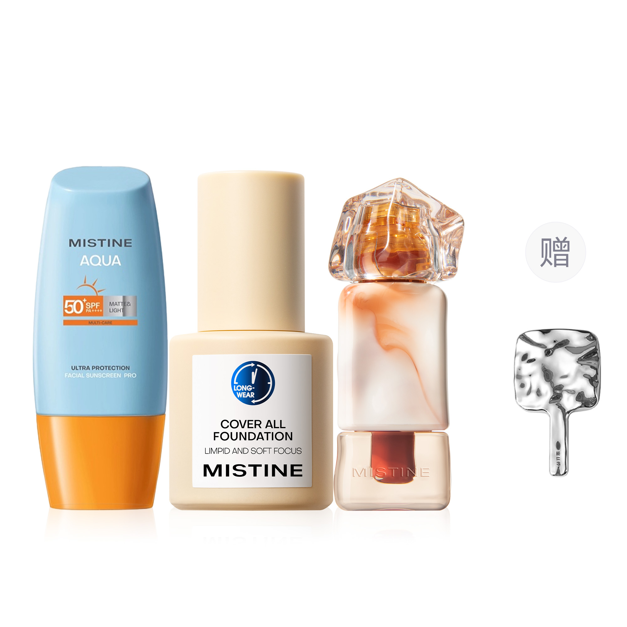 Набор косметики (тональный крем Mistine Cover All Foundation + солнцезащитный крем Mistine Aqua Base Sunscreen + блеск для губ J01)