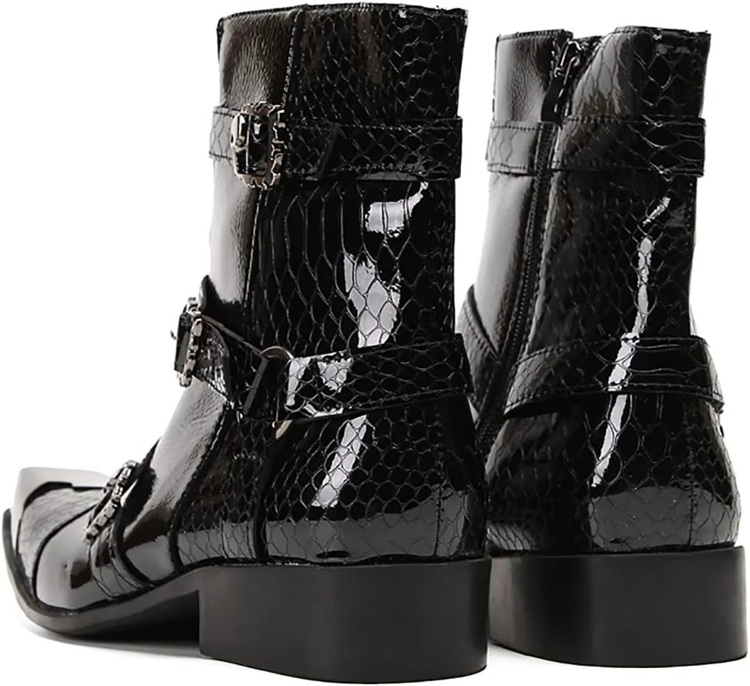 

Мужские ковбойские ботинки Santimon Mens из кожи в западном стиле, с квадратным носком, металлическими элементами, для модных вечеринок, с молнией и пряжками, мотоциклетные ботинки, черный