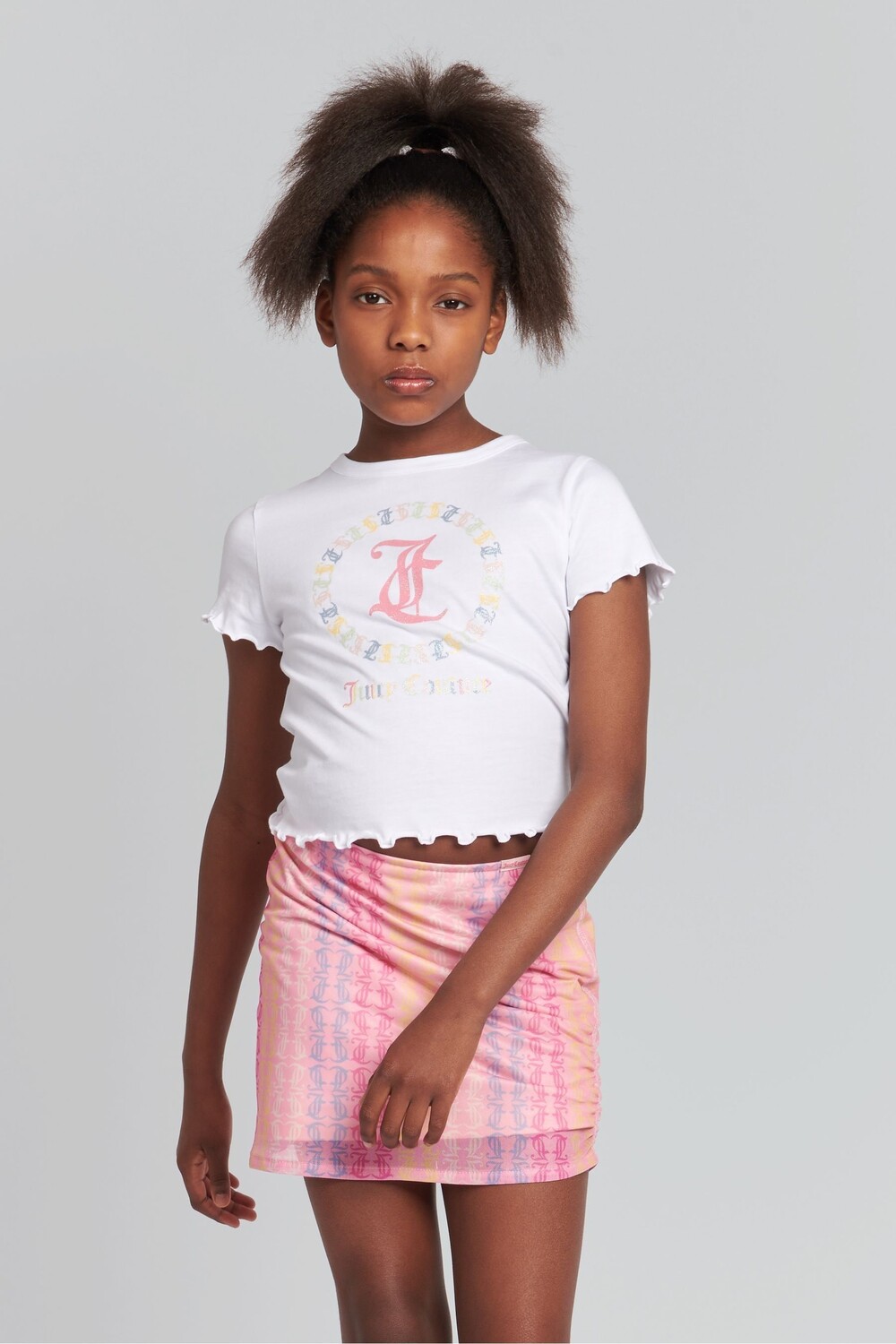 

Девичья футболка короткого кроя с рюшами по низу Juicy Couture, белый
