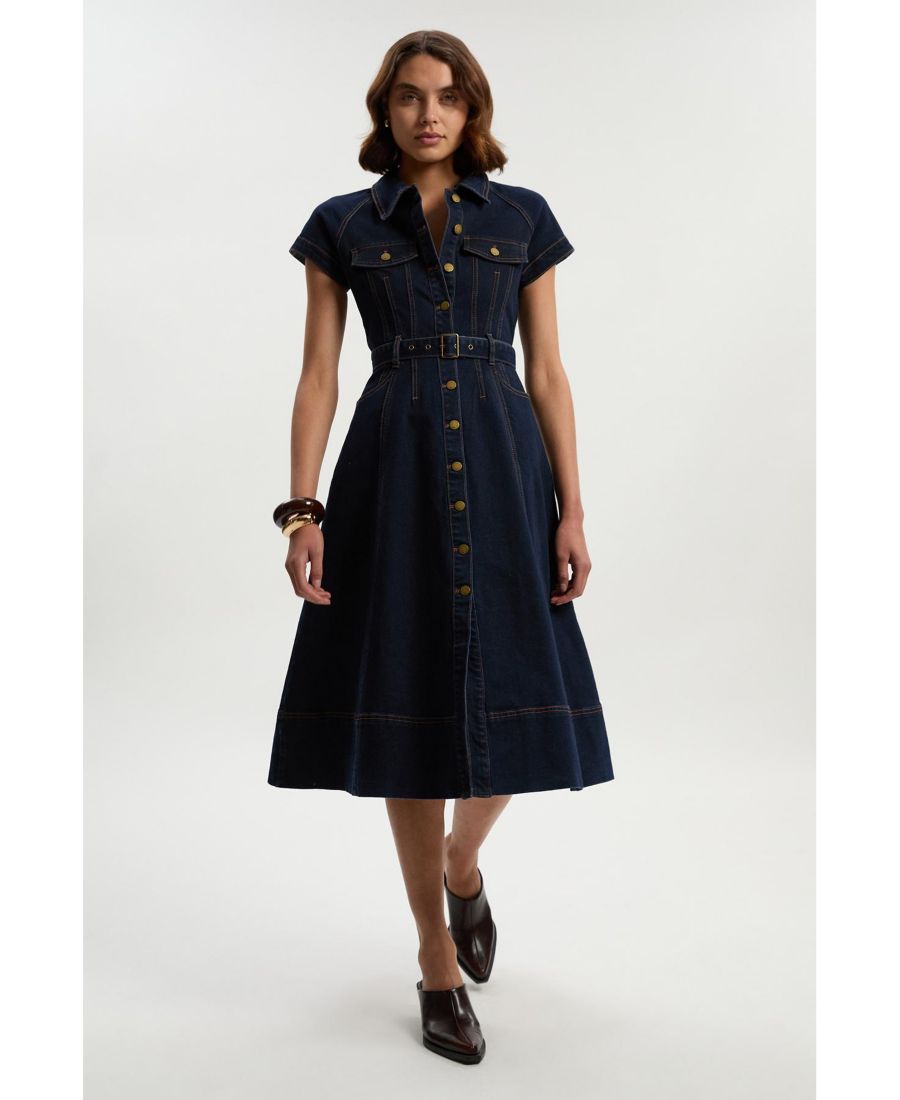 

Женское джинсовое платье миди с застежкой на пуговицы и поясом Karen Millen, Dark blue