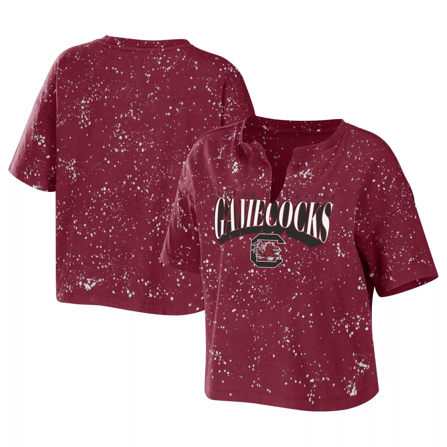 

Женская футболка Erin Andrews Garnet South Carolina Gamecocks Bleach Wash Splatter Notch Neck