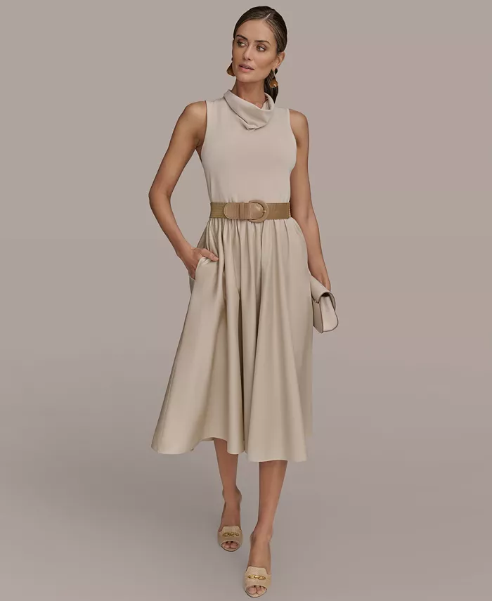 

Женское миди-платье с поясом и комбинированными материалами Donna Karan New York, коричневый/бежевый