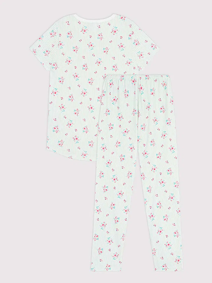 Пижама с бантом, PETIT BATEAU, белый/зеленый — фото 2
