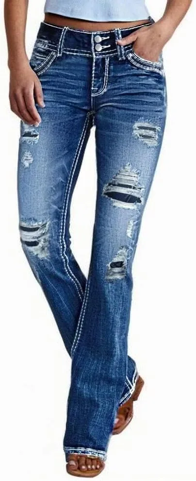 

Джинсы-клеш для женщин Stretch Distressed Ripped с двойной застежкой Vintage Wash Foresi