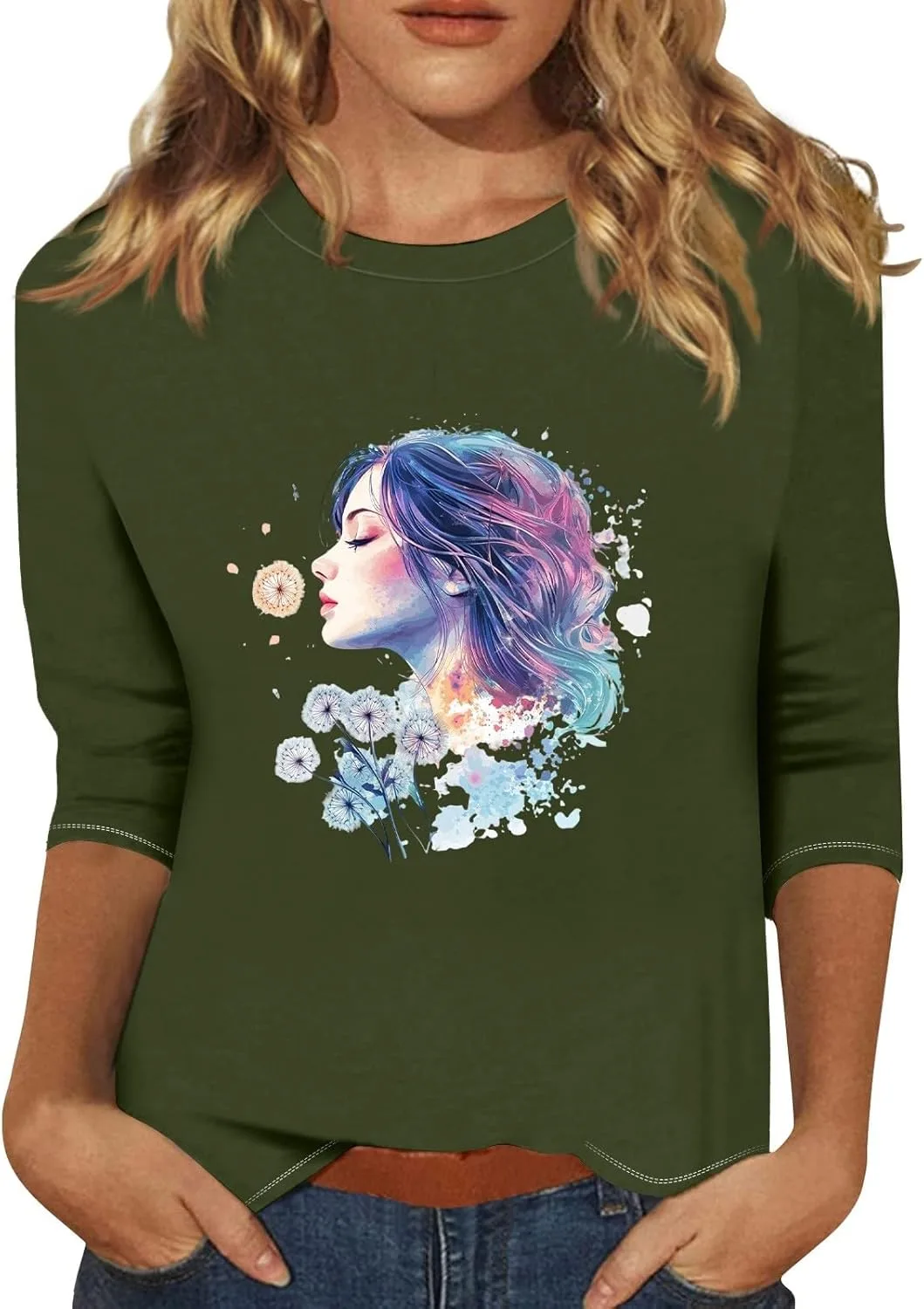 

Летний топ для женщин Trendy Graphic Crewneck с 3/4 рукавом FQZWONG
