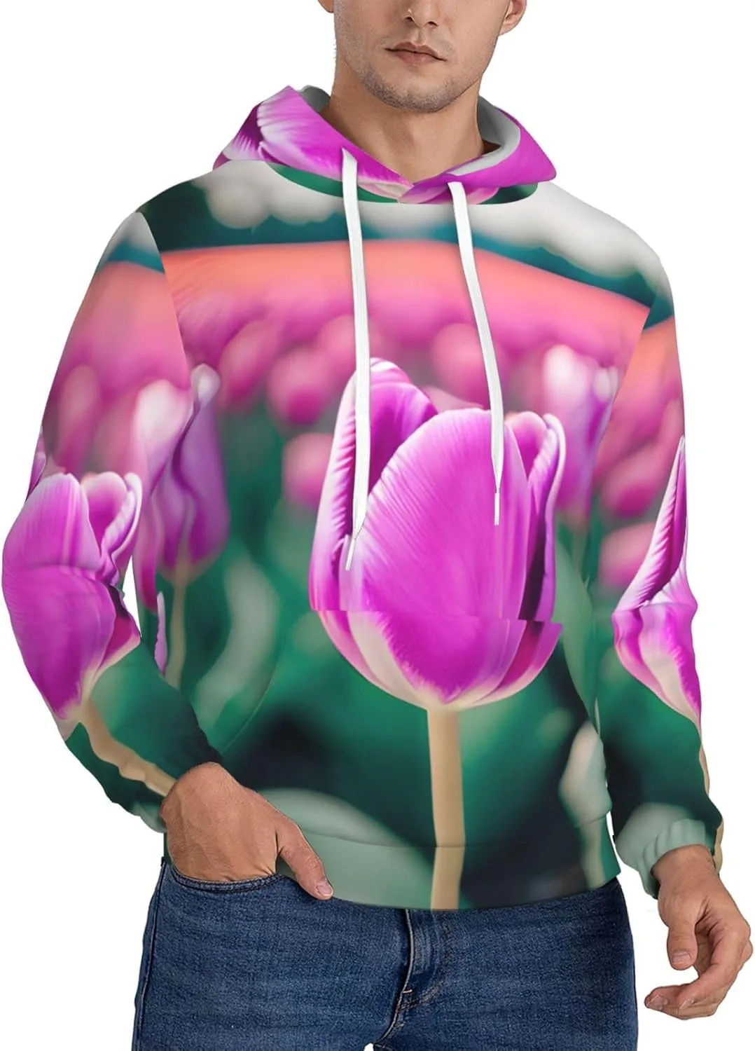 

Мужская флисовая толстовка BaerK с капюшоном — принт Purple Tulips, мягкая теплая кофта с карманом