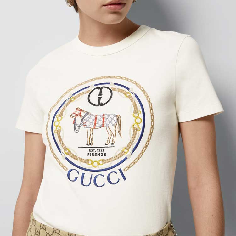 Футболка из хлопкового джерси с принтом Interlocking G GUCCI, экрю — фото 4