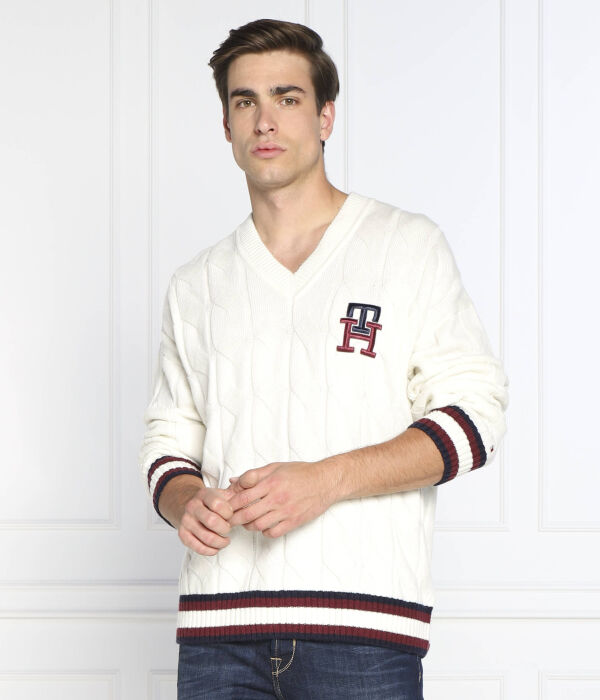 Шерстяной свитер с монограммой и узором «скрикет» Oversize fit Tommy Hilfiger, бежевый — фото 3