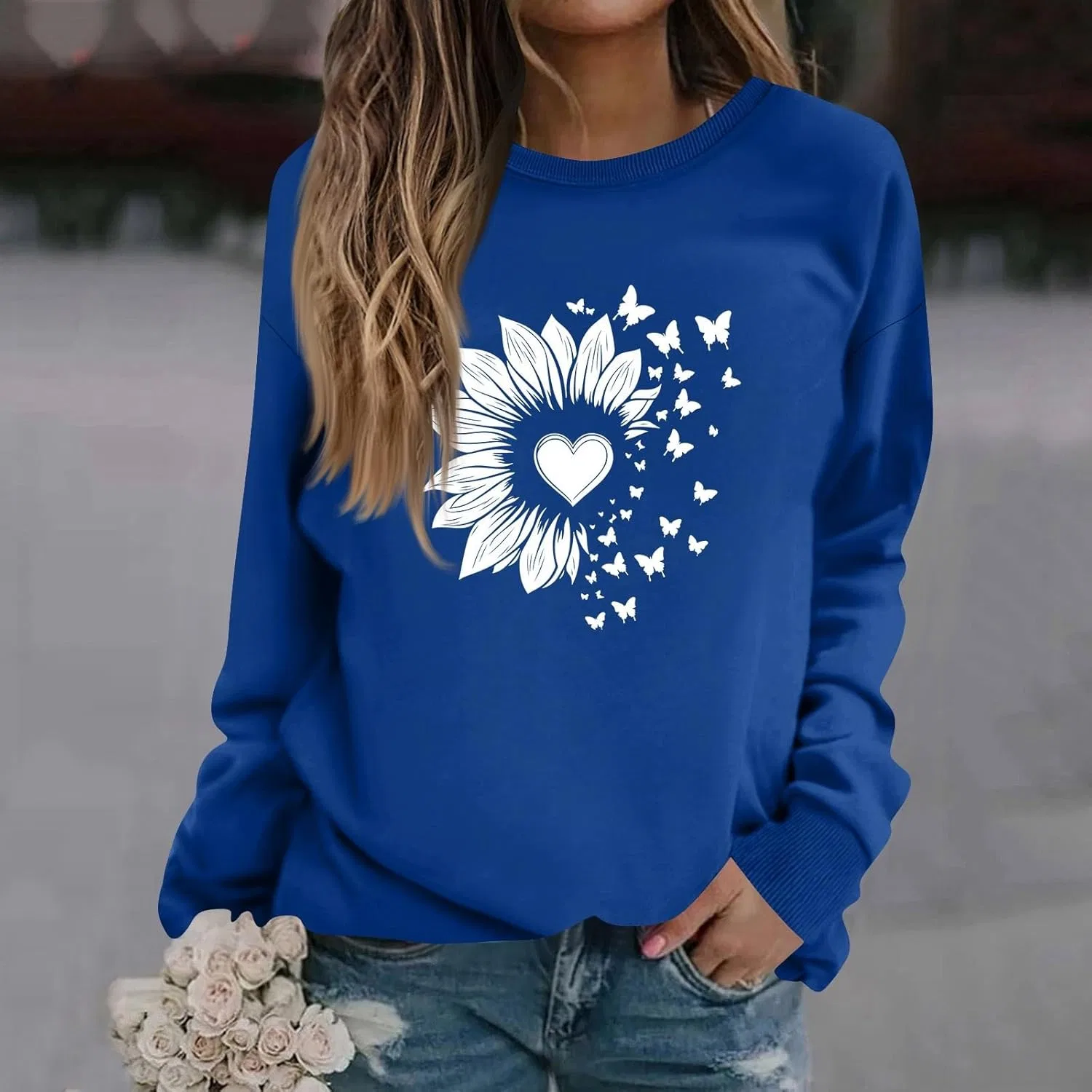 Женский свитшот с флористическим принтом, свободный крой, 3-dark Blue — фото 2