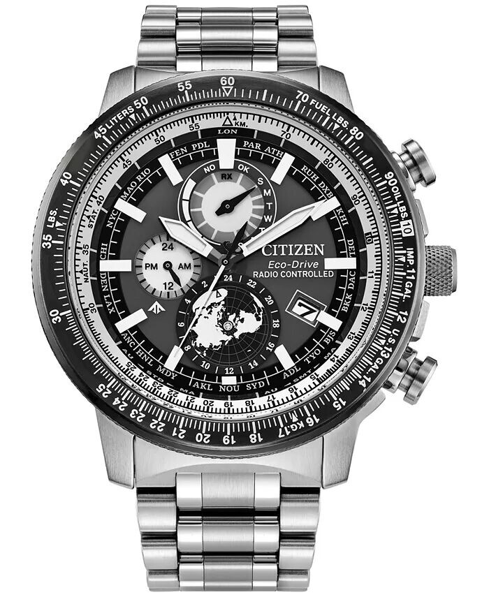 

Мужские часы Eco-Drive с хронографом Promaster Geo Trekker, серые тона, браслет из нержавеющей стали, 46 мм Citizen