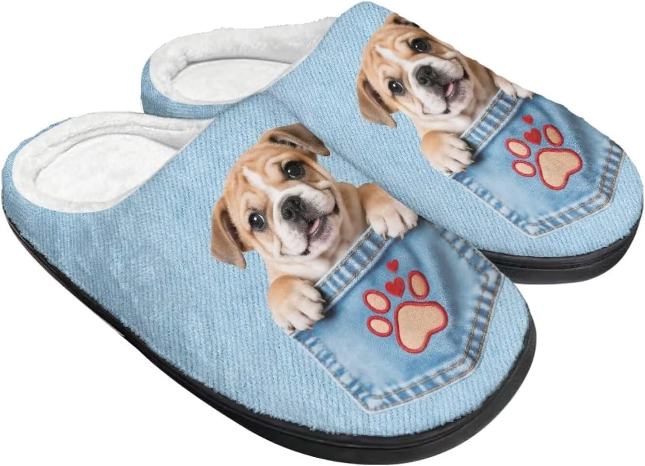 

Уютные пушистые домашние тапочки для женщин и мужчин, закрытые плоские плюшевые хлопковые тапочки для дома, мягкая нескользящая резиновая подошва, тапочки для дома и улицы Wanzuoeng, Blue - British Bulldog