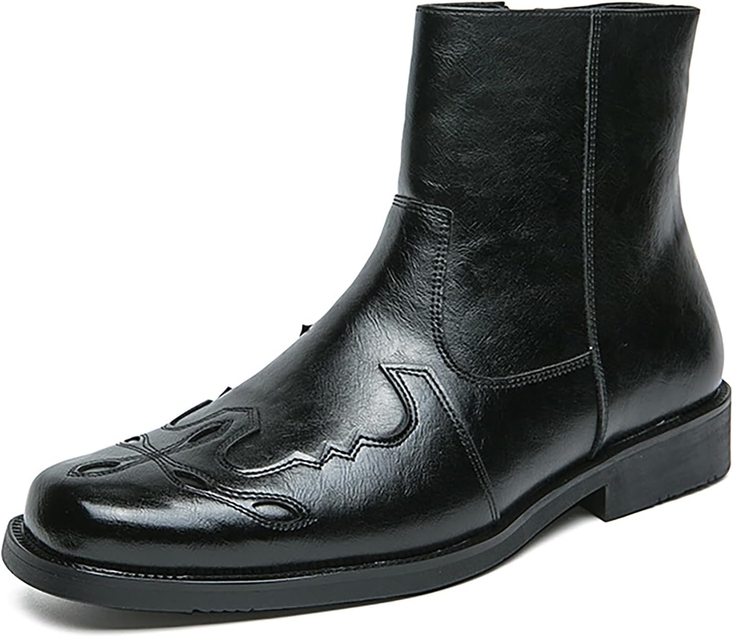 

Мужские ковбойские сапоги с квадратным носком, вышивкой, кожаные западные сапоги с боковой молнией, противоскользящие, на толстом каблуке, средней высоты, для вечеринок, езды на мотоцикле и повседневной носки Nengmaon, черный