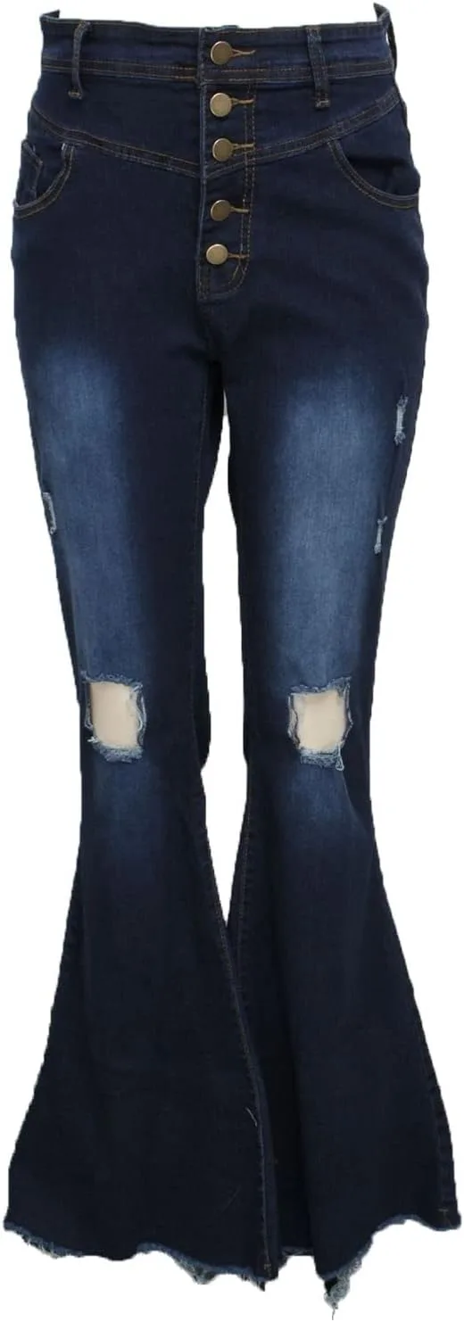 

Maiyifu-GJ Women 5 Button Bell Bottom Jeans Classic Destroyed Raw Hem