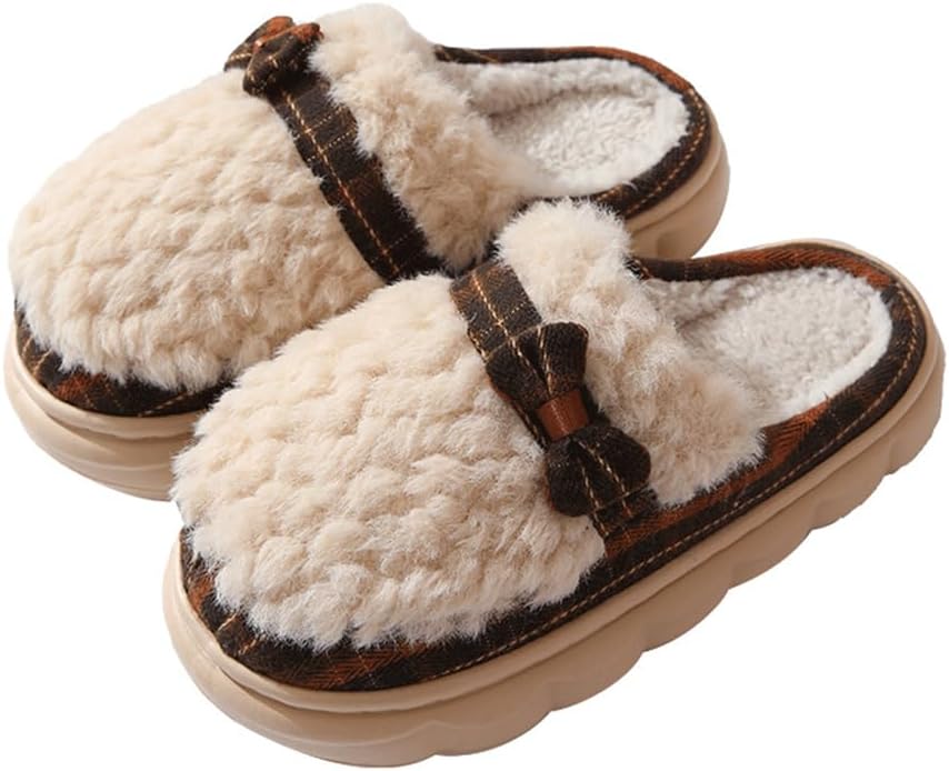 

Женские тапочки для взрослых, теплые плюшевые с бантом, удобные мужские домашние тапочки с противоскользящей толстой подошвой, зимние хлопковые тапочки Uewidiod, Checkered Coffee