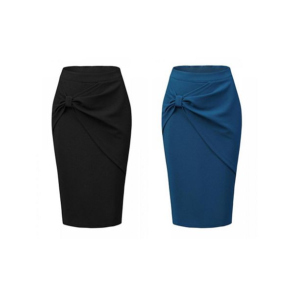 

2 упаковки облегающих миди-юбок-карандаш для женщин с высокой талией и сборками Allegra K, Black Peacock Blue