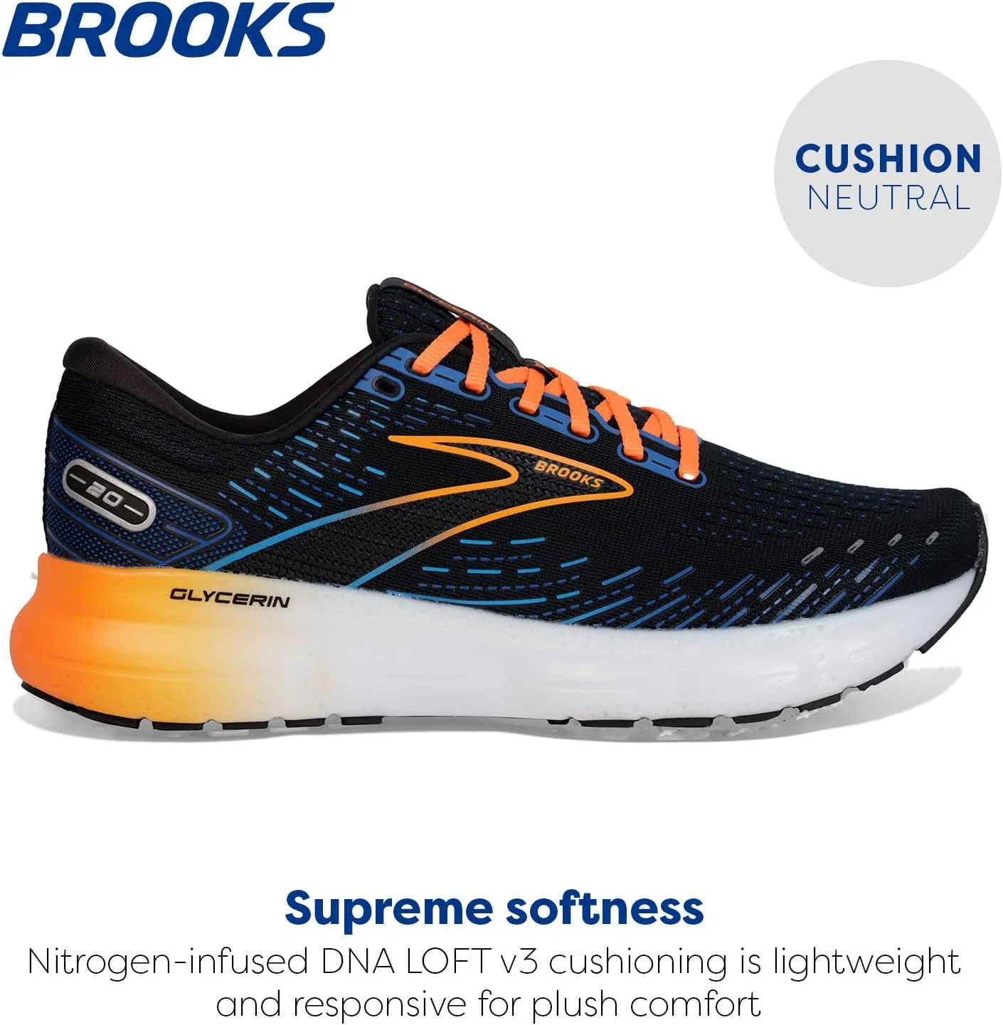 Мужские кроссовки Brooks Glycerin 20, Black, Classic, Blue, Orange — фото 2