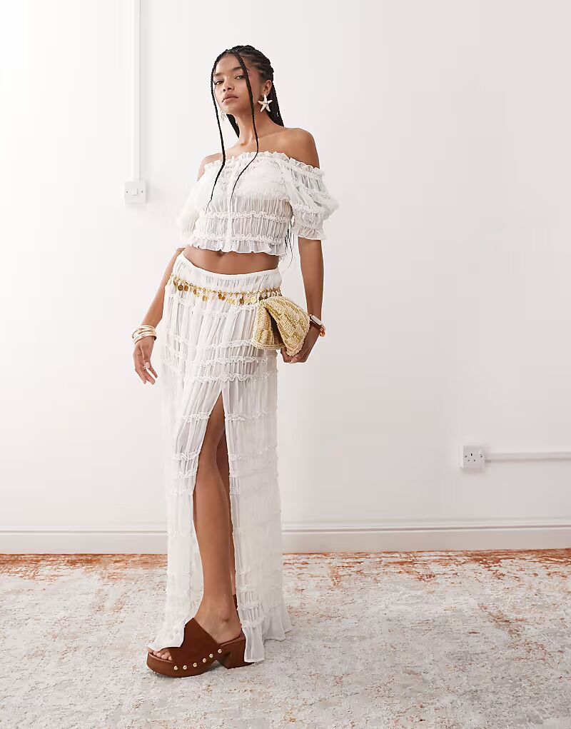 

Пляжная прозрачная юбка макси со сборками кремового цвета Miss Selfridge