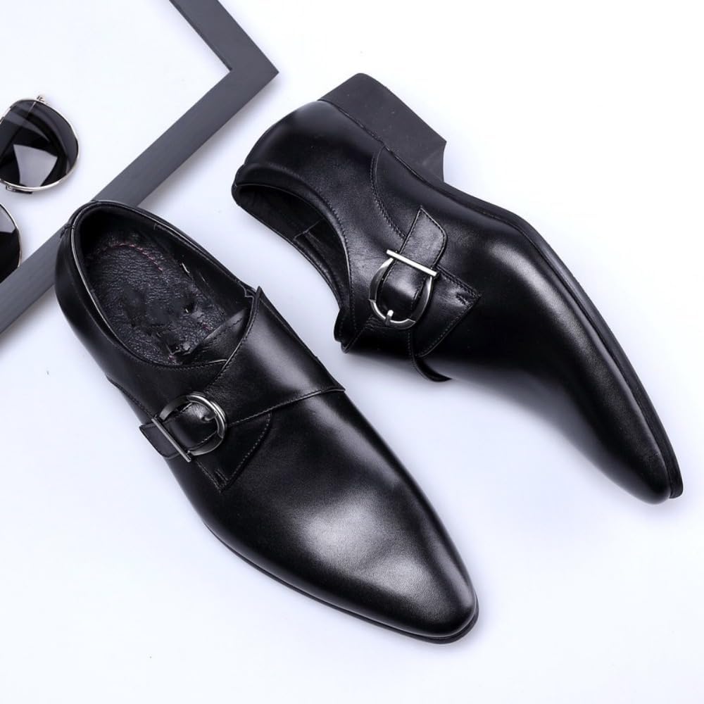 Мужские туфли Monk Strap Классические Ретро Формальные Деловые Лоферы Легкие Кожаные Слипоны Комфортные Носка Низкий Каблук Заостренный Носок Платиновая Пряжка Лоферы Оксфорды для Повседневной Элегантной Работы, Офиса и Свадьбы Geerta, черный — фото 2