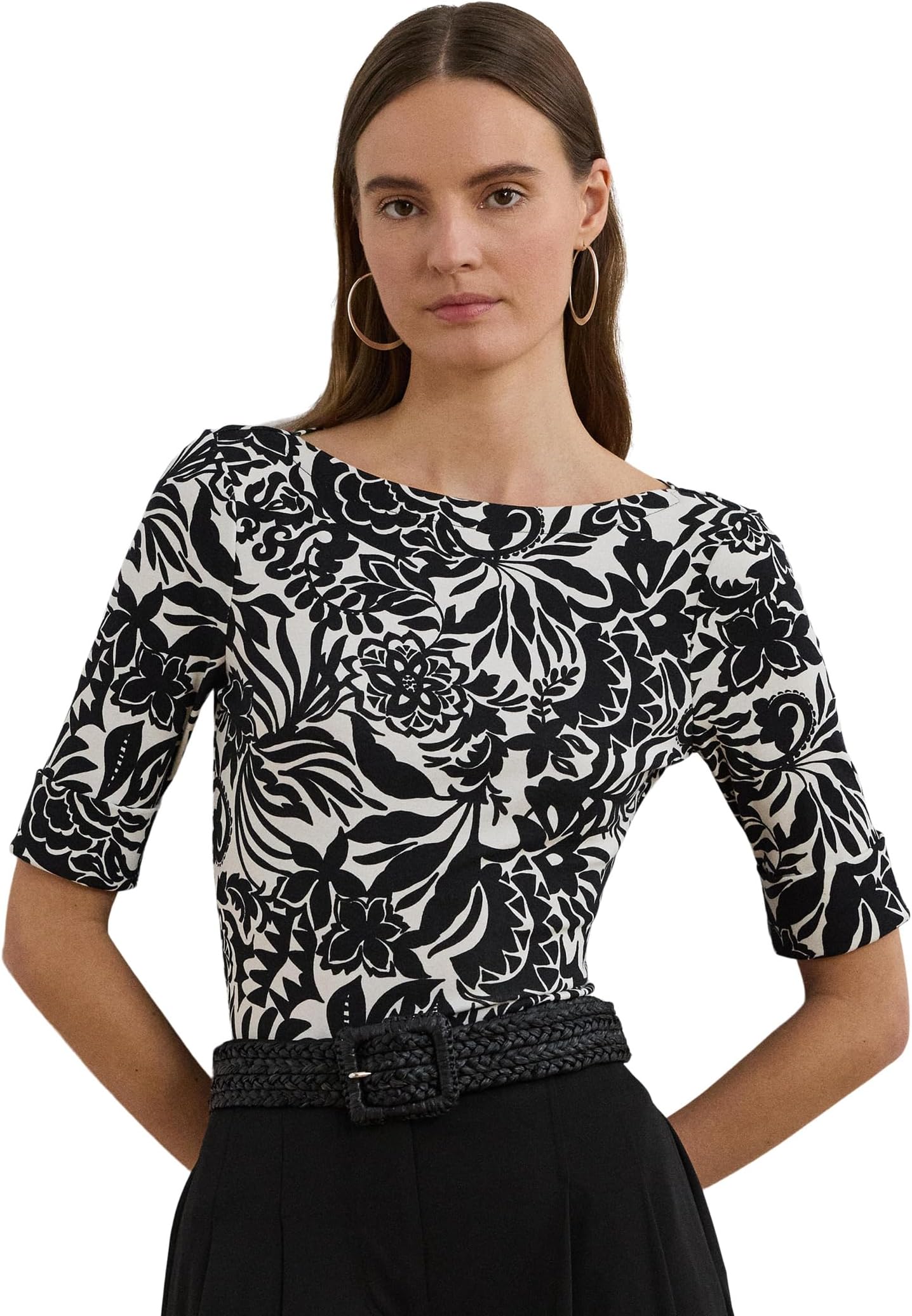 

Футболка Lauren Ralph Lauren Petite Floral Stretch Cotton Boatneck Tee, цвет Cream/Black