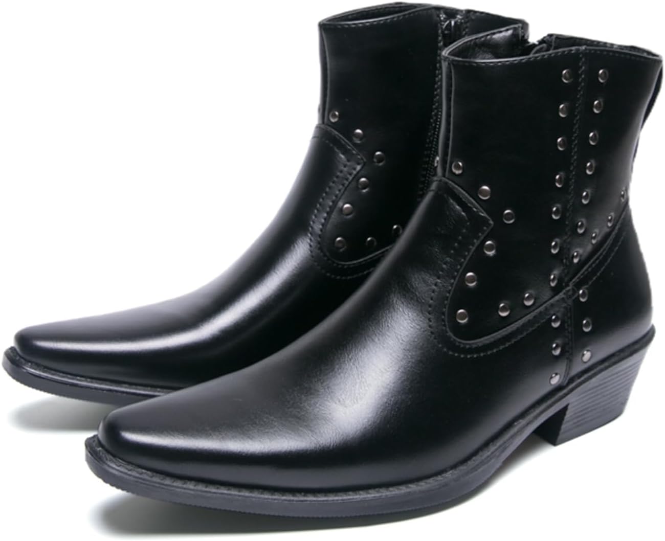 

Мужские казаки с верхом из кожи с заклепками, ботинки Челси до щиколотки, легкие, с заостренным носком, боковой молнией, массивным каблуком, вестерн-стиль, для вечеринки, свадьбы, ночного выхода или делового формального мероприятия Psieicwm, чер...
