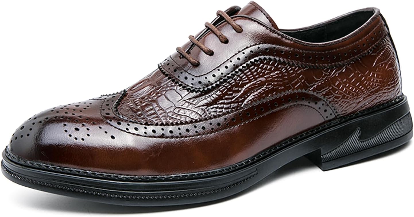

Мужские деловые туфли EGGDK с узором под аллигатора, оксфорды, однотонные, низкие, с заостренным носком, на шнуровке, с противоскользящей подошвой, современные дерби для свадьбы, офиса и официального стиля, коричневый