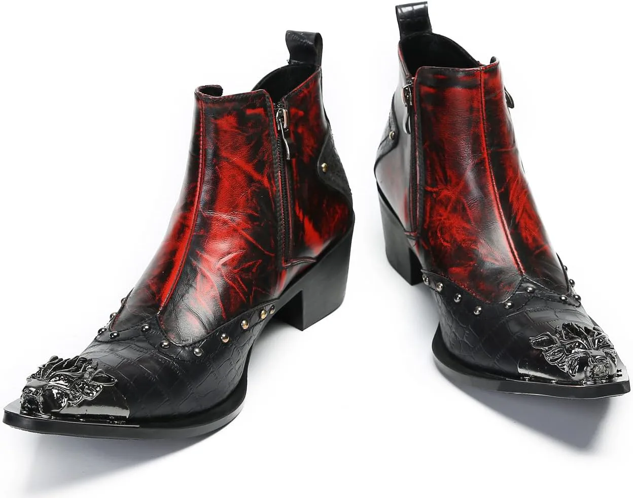 

Мужские повседневные ботинки Chelsea Santimon - настоящая кожа, западные ботинки до щиколотки с металлическим квадратным носком и украшенной молнией для бальных танцев, баров, диско и вечеринок, черный/красный