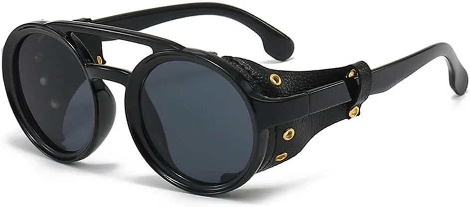

Мужские солнцезащитные очки для женщин, роскошные круглые очки в стиле стимпанк с кожаной отделкой, винтажные, с защитой от УФ-излучения UV400 DSXLY, Black