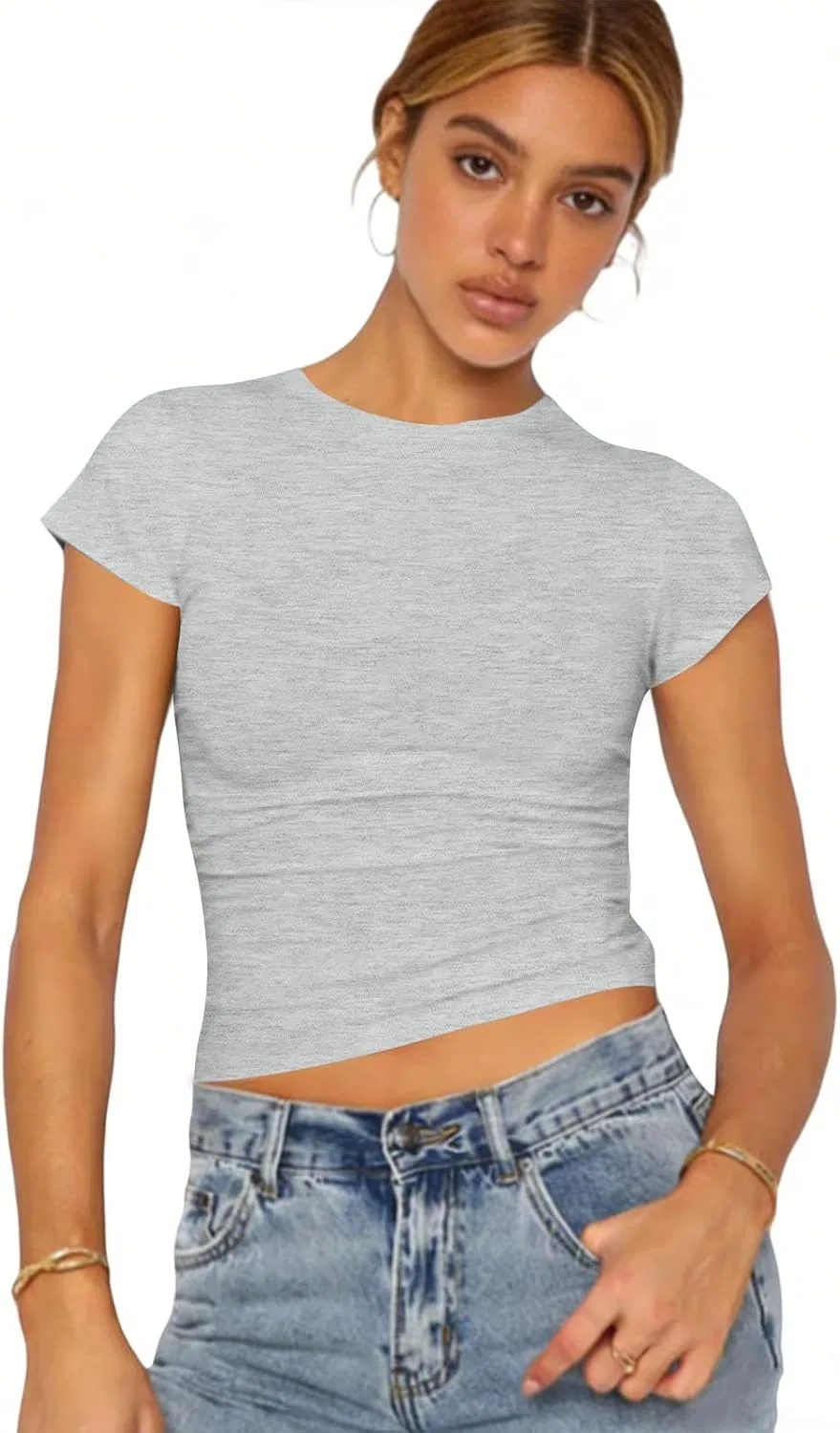 Женская футболка с круглым вырезом, облегающая, хлопок, C004- Light Gray