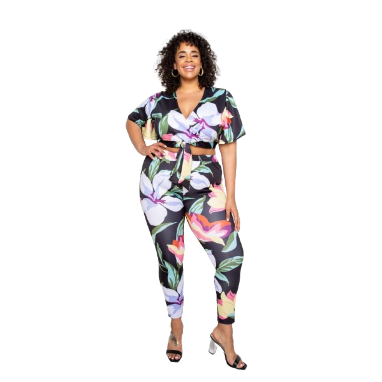 

Цветочный джоггер и топ сет TRUEDAMES, мультиколор/черный