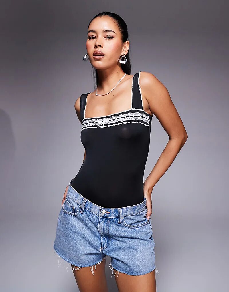 

Боди Princess Polly с квадратным вырезом и кружевной отделкой, черного цвета