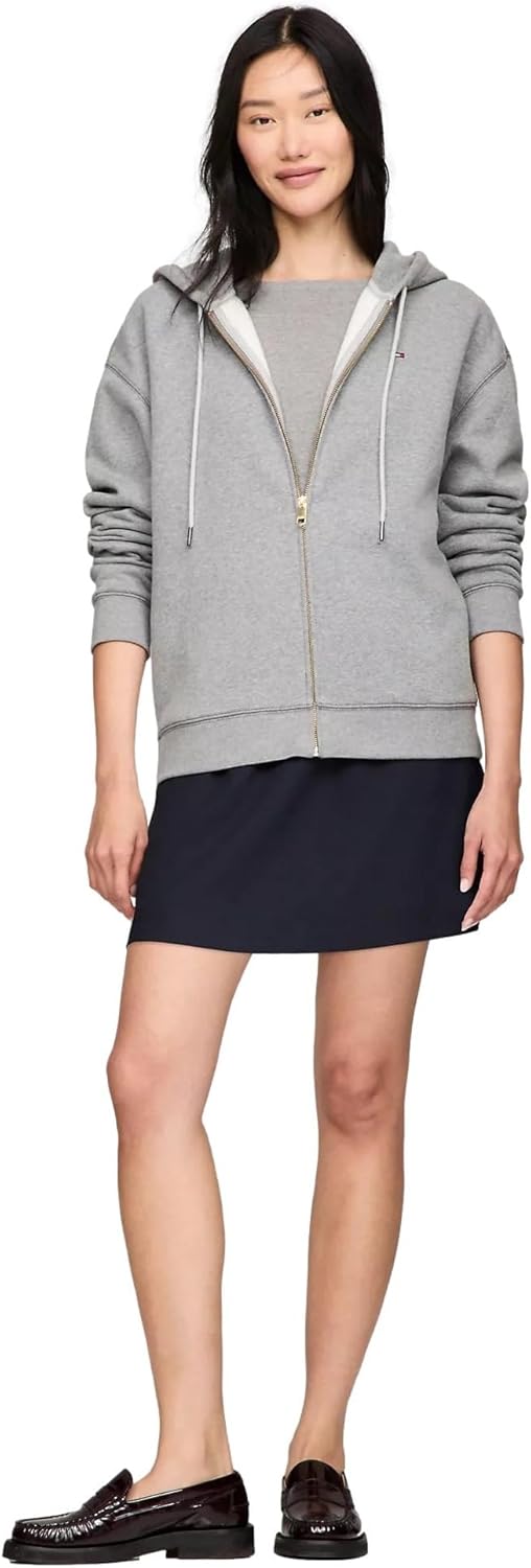 Женская толстовка свободного кроя с капюшоном на молнии TOMMY HILFIGER, коллекция 2024, размер M, черный, Grey Heather. — фото 2