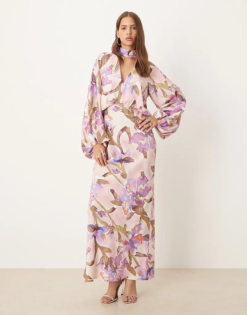 

Платье макси ASOS DESIGN с высоким воротом, глубоким декольте и рукавами-блузонами, с сиреневым акварельным цветочным принтом