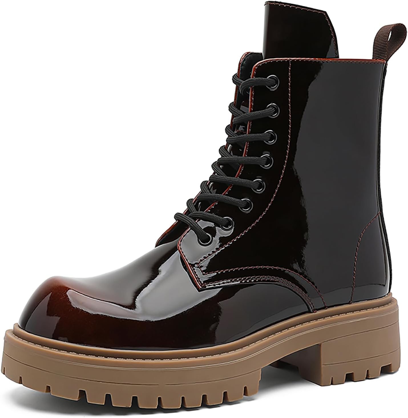 

Мужские градиентные ботинки с боевым дизайном из лакированной кожи, шнуровка, боковая молния, массивная платформа, средняя длина, повседневные, дерби, ботильоны для мотоциклов и вечеринок Bwseobg, бежевый