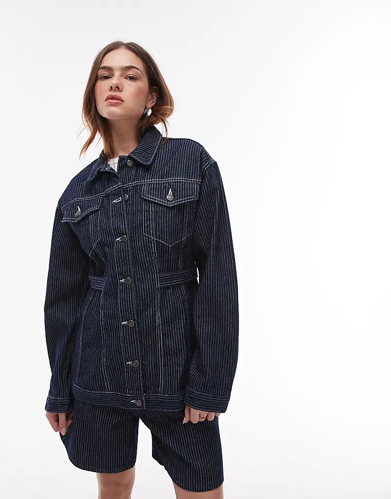 

Джинсовая куртка с застежкой-молнией в полоску индиго Topshop