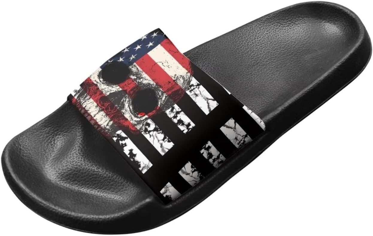 

Сандалии Binienty с одной полоской для женщин и мужчин, нескользящие, повседневные, для прогулок, пляжные шлепанцы с поддержкой свода стопы, Vintage American Flag Skull