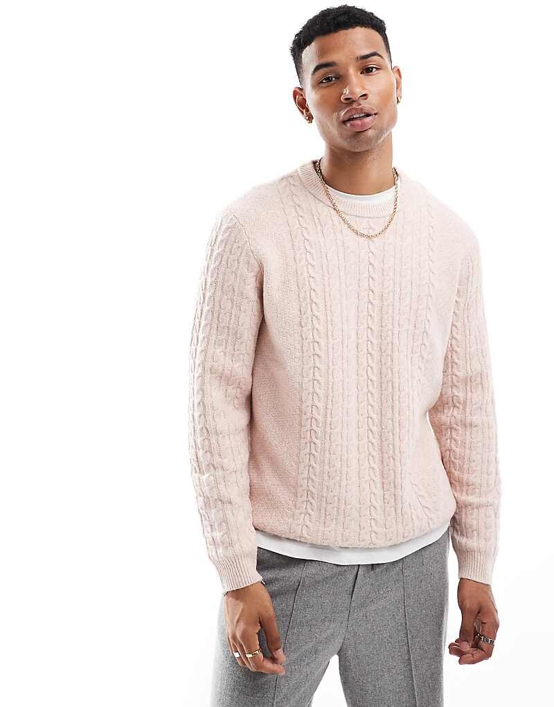 

Розовый ультрасвободный свитер с круглым вырезом косой вязки ASOS DESIGN