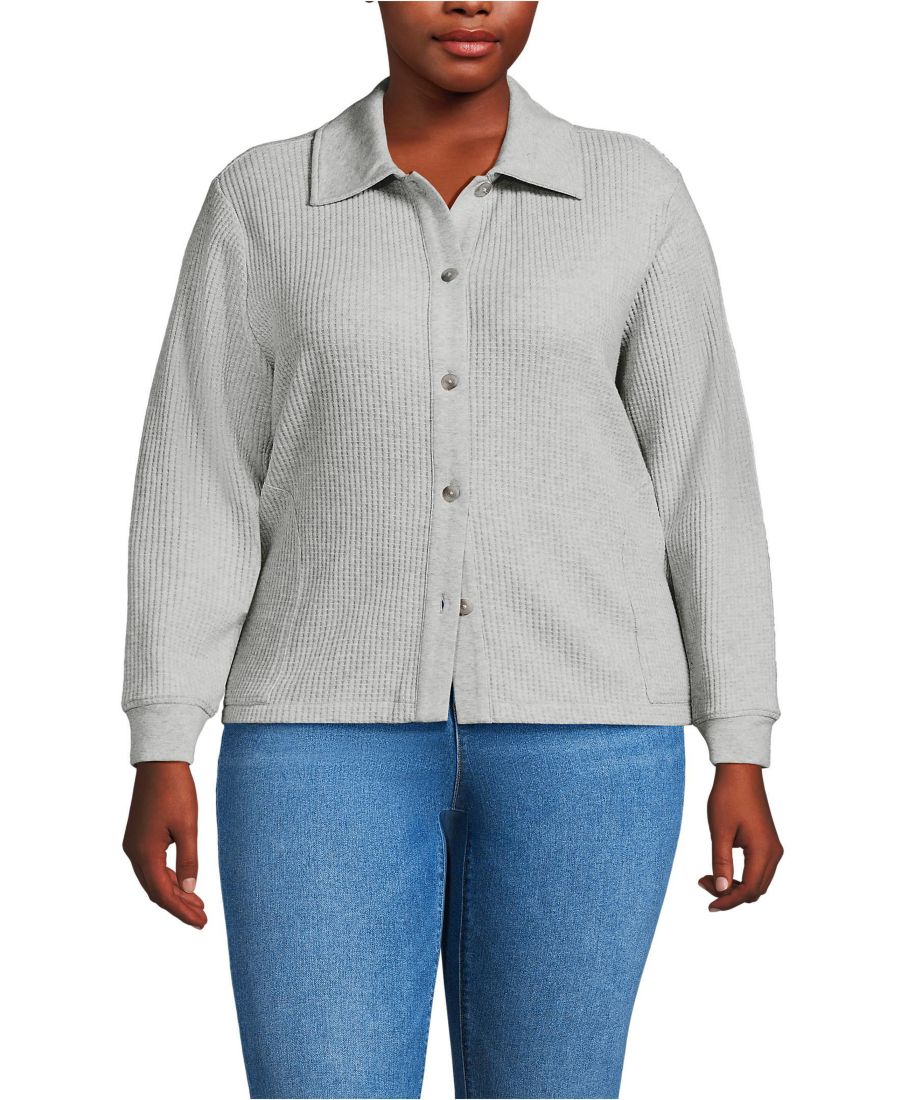 

Женская куртка-рубашка большого размера с длинными рукавами и вафельным воротником Lands' End, Gray heather