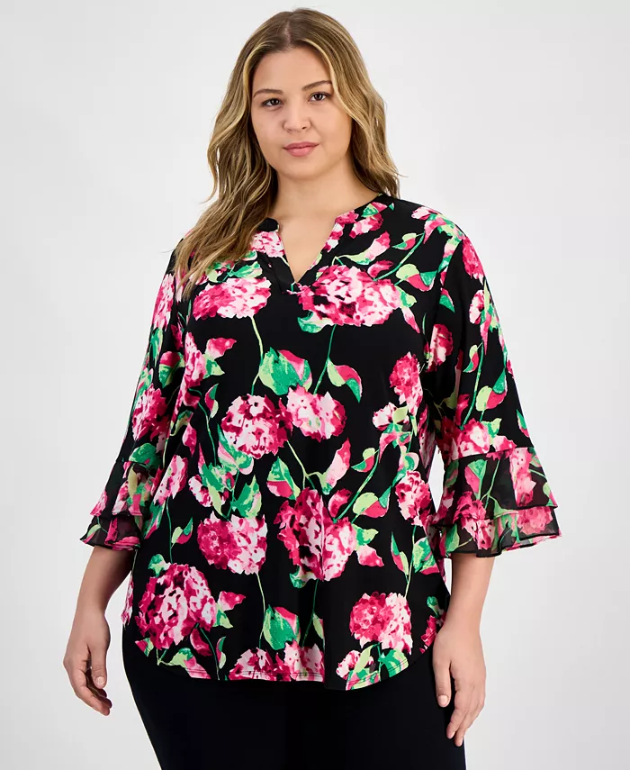 

Топ с цветочным принтом и рукавами-крылышками Plus Size Kasper, черный