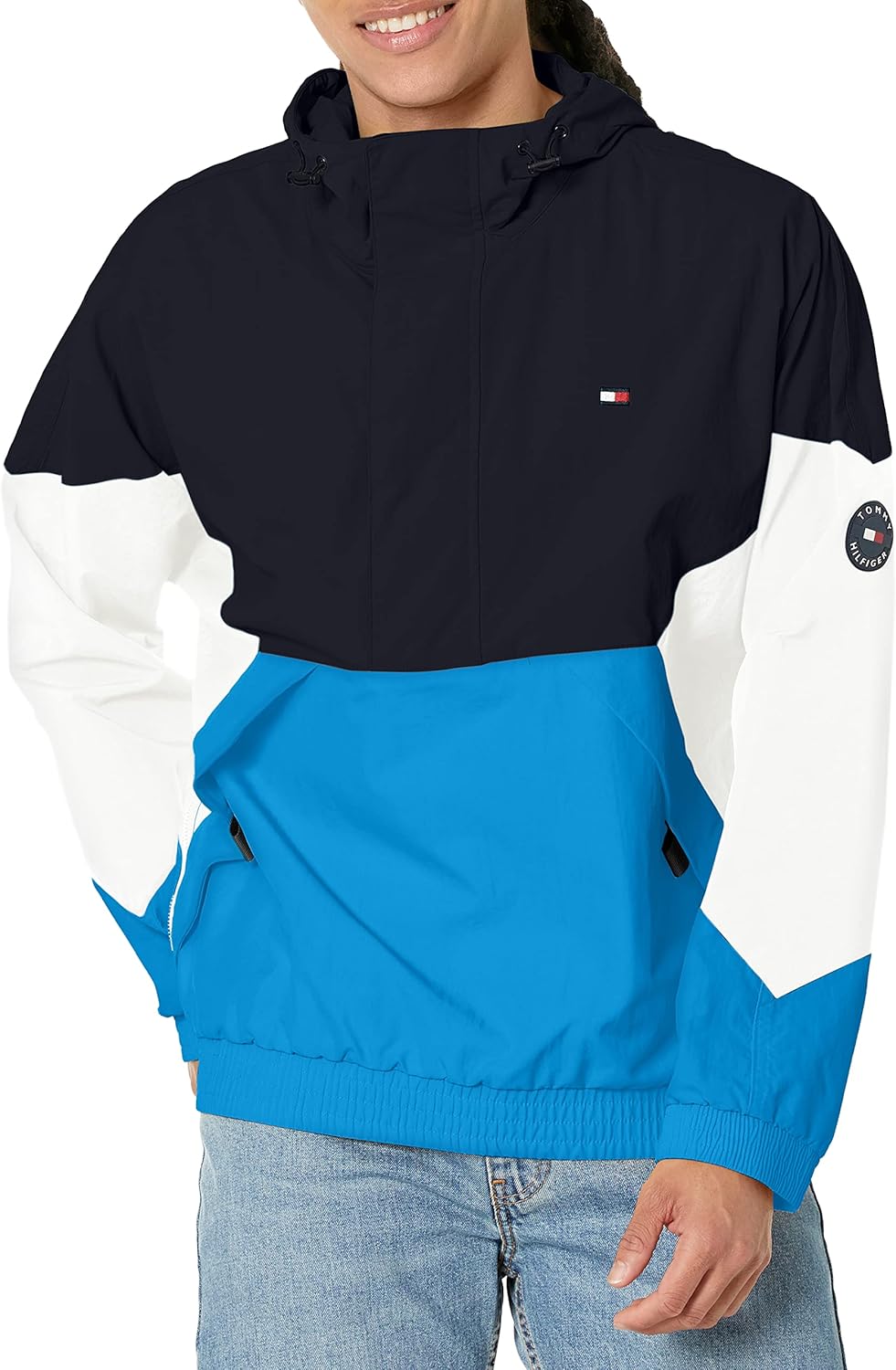 

Мужская куртка-ветровка Tommy Hilfiger в стиле ретро, легкая, с капюшоном, водонепроницаемая, Taslan Popover, Navy/Bright Blue/White