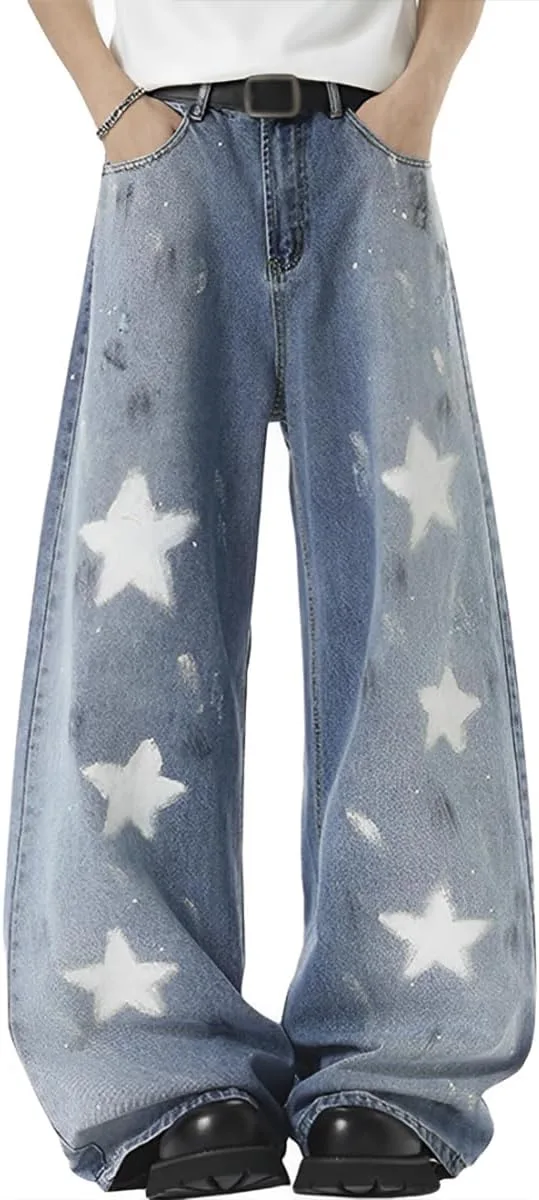 

Винтажные джинсы Y2K с высокой талией и прямыми штанинами, модные повседневные, с принтом звезд и эффектом тай-дай kakarin choyx