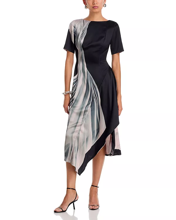 

Платье с короткими рукавами и принтом в виде танцующих складок, приталенного силуэта с расклешенной юбкой. Jason Wu Collection, черный