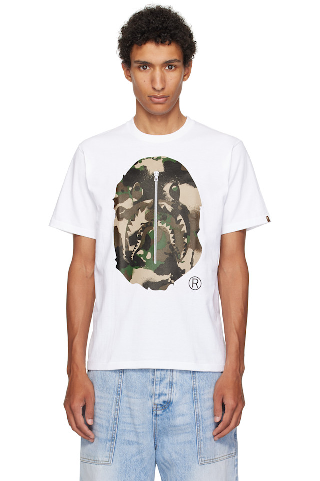 

Bape Белая камуфляжная футболка с изображением головы обезьяны и акулы