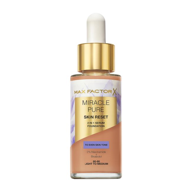 

Miracle Pure Skin Reset 2 в 1 тональная основа с сывороткой Max Factor, цвет 60-80 light to medium, 30 мл