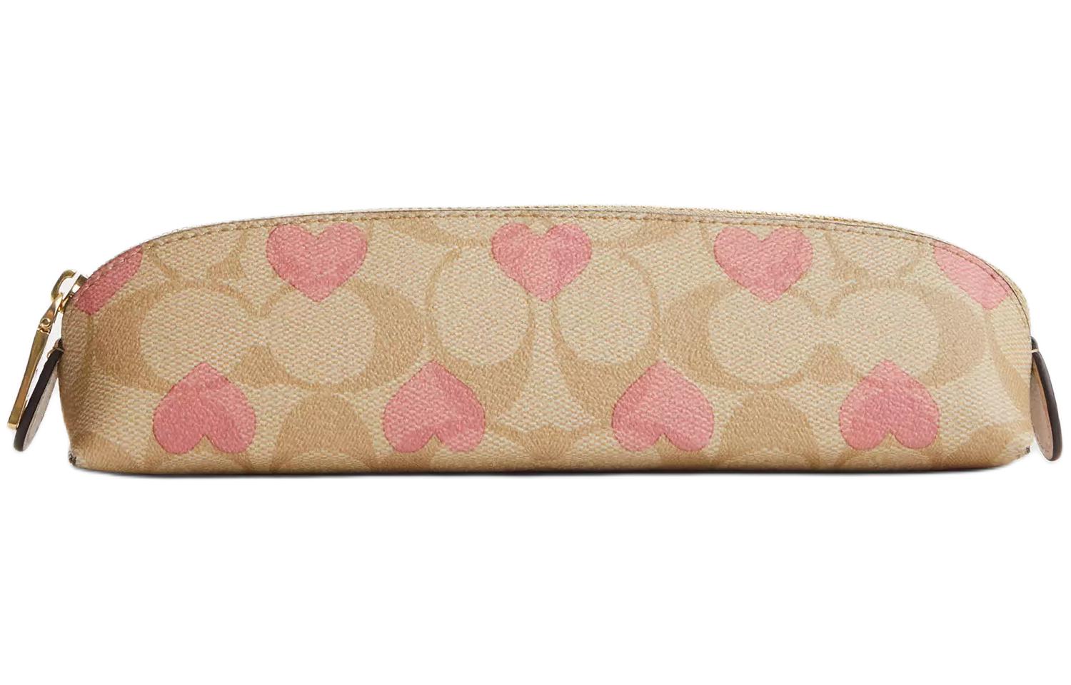 

COACH Футляр для карандашей Coated Canvas с кожаным отделением для хранения карандашей Trumpets Women's Gold & Light Khaki Pink