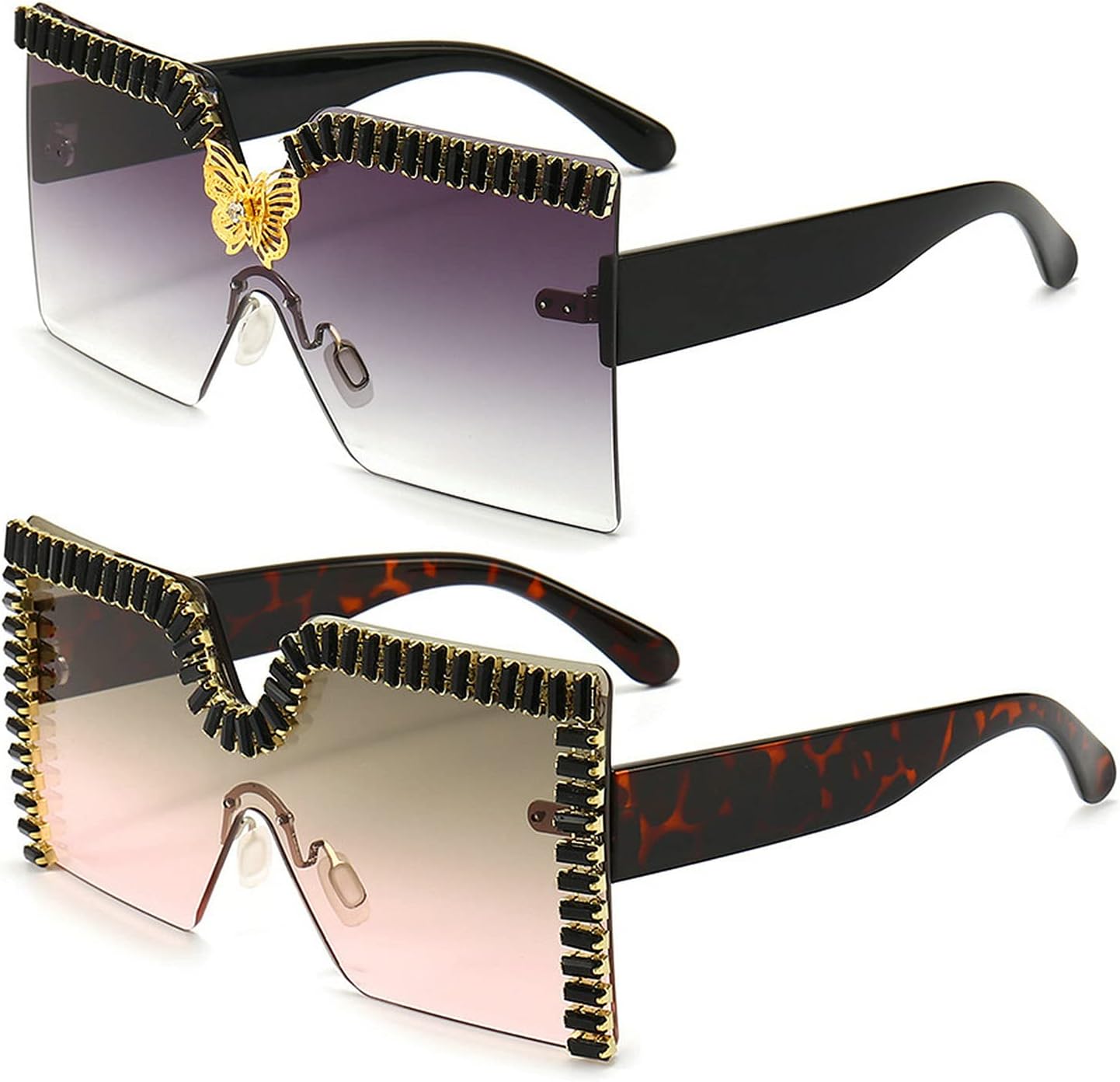 

Новые роскошные солнцезащитные очки 2021 года с блестящими стразами для женщин, ретро-квадратные солнцезащитные очки с кристаллами, элегантные очки для вечеринок mincl, 2pcs-butterfly Black&leopard