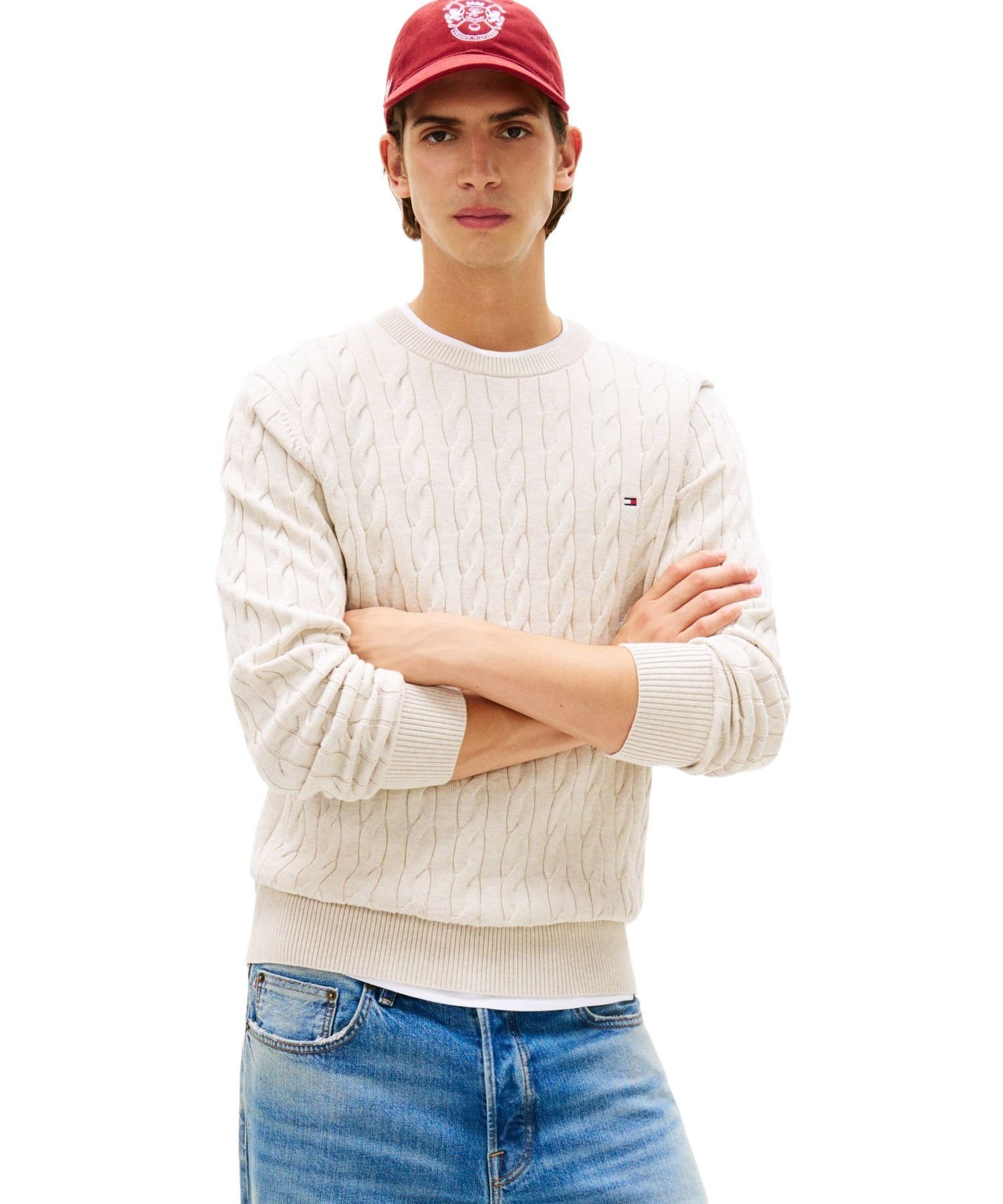 Классический свитер с косами и круглым вырезом, размер 26SS TOMMY HILFIGER, Ivory HGF